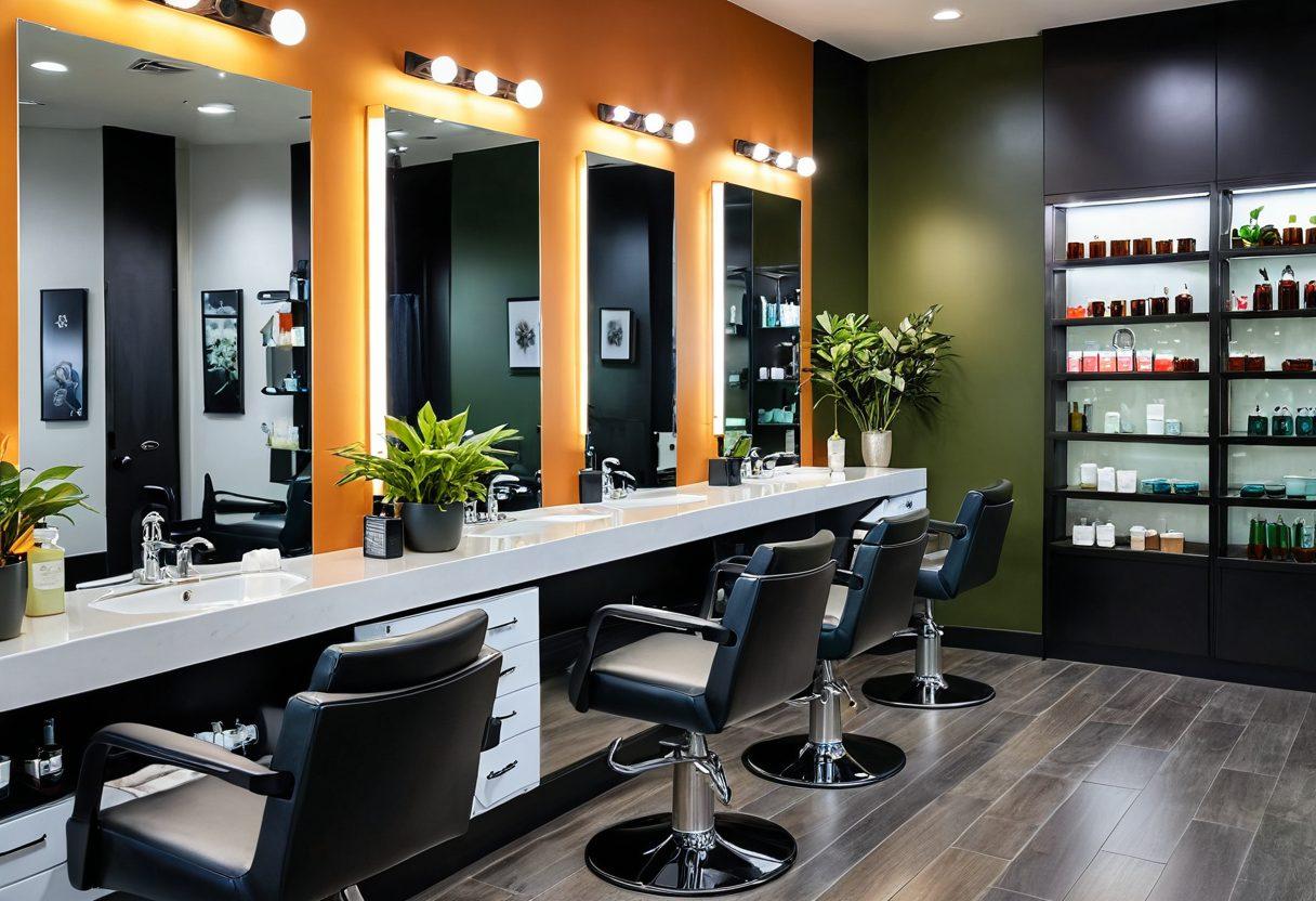 A serene hair salon interior, showcasing modern styling stations, colorful hair products, and a stylist working on a client's hair. In the foreground, an open insurance policy document with essential tips highlighted, symbolizing protection. Bright, inviting ambiance with warm lighting and plants for a refreshing vibe. super-realistic. vibrant colors. calming atmosphere.