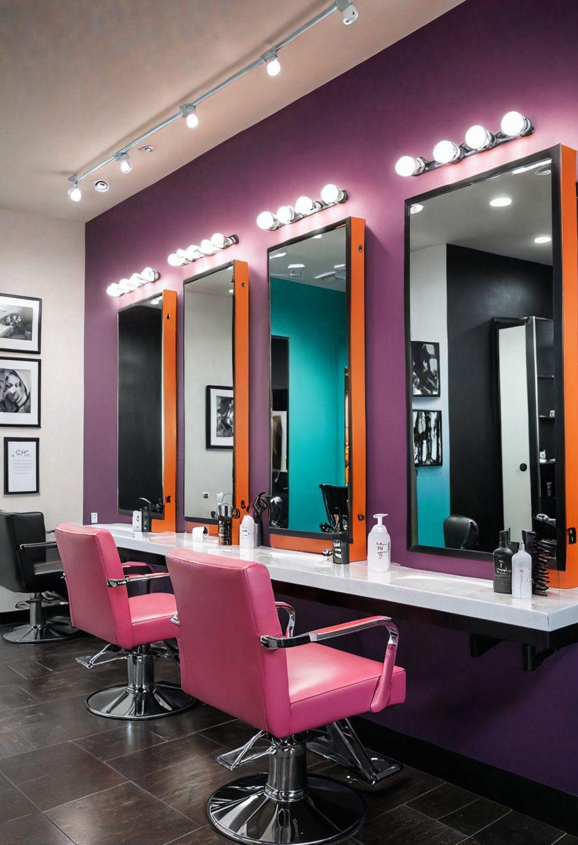 A dynamic hair salon scene showcasing a hairdresser applying a stylish haircut to a vibrant model, with product liability documents scattered on a sleek modern workstation. Include elements symbolizing beauty insurance, such as a policy binder and safety icons, all surrounded by a colorful, lively atmosphere filled with hair products. The overall ambiance should convey professionalism and creativity in the hairdressing industry. super-realistic. vibrant colors. modern style.